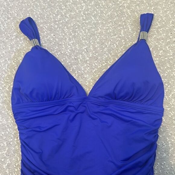 CARMEN MARC VALVO Bright Blue One Piece Swimsuit Deep V Ruched Slimming 12 - Picture 4 of 10